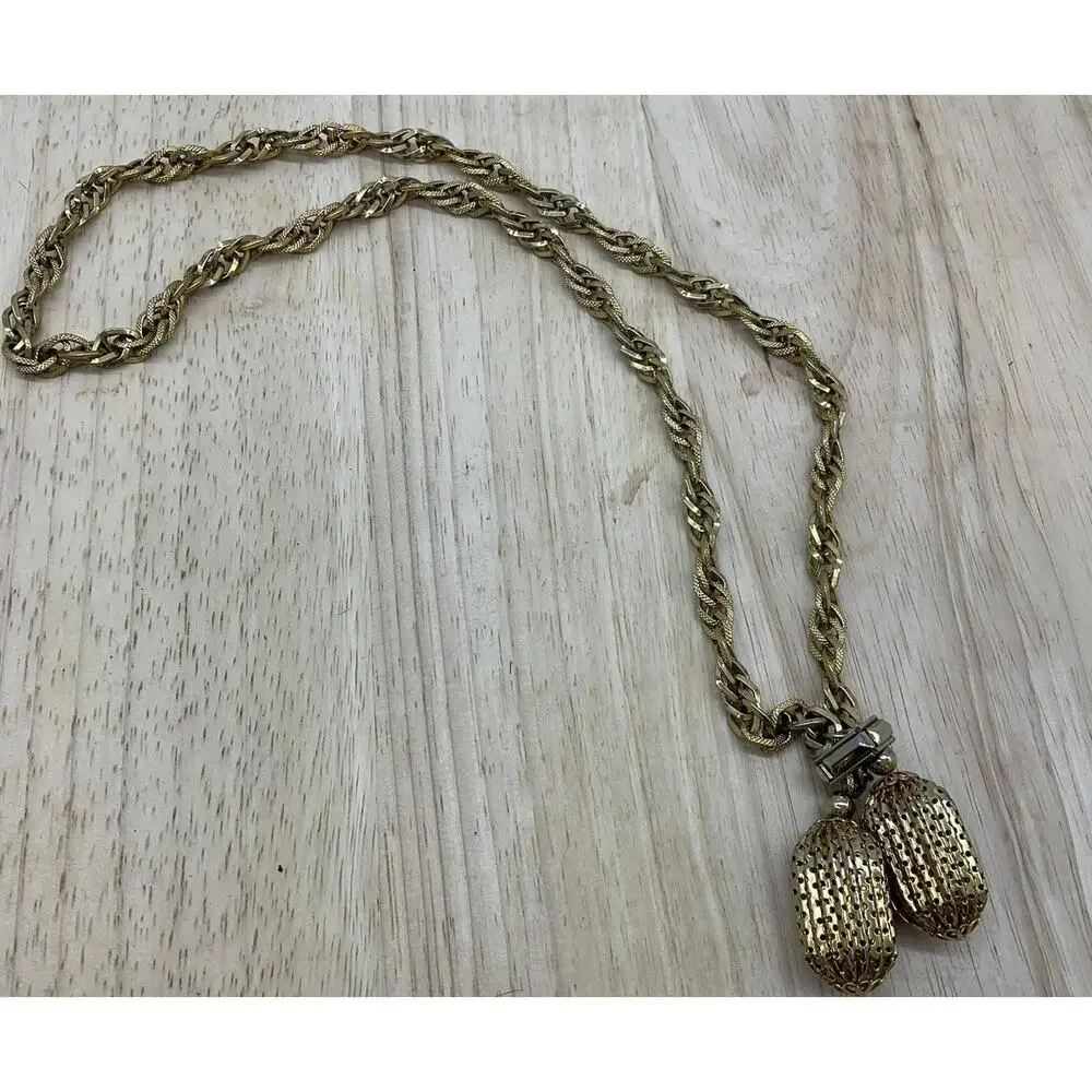 Gold Tone Necklace Rope Chain Double Oval Mesh Pendant Statement 30 In Women VTG